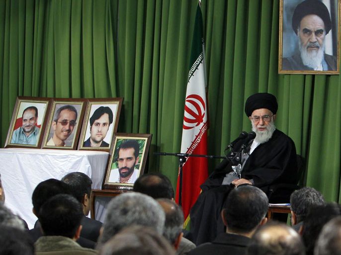 Khamenei shows him speaking during a meeting with local nuclear scientists in Tehran on February 22, 2012. Khamenei insisted during the meeting that his country is not seeking an atomic weapon and urged the scientists to "continue the important and substantial" nuclear work. AFP