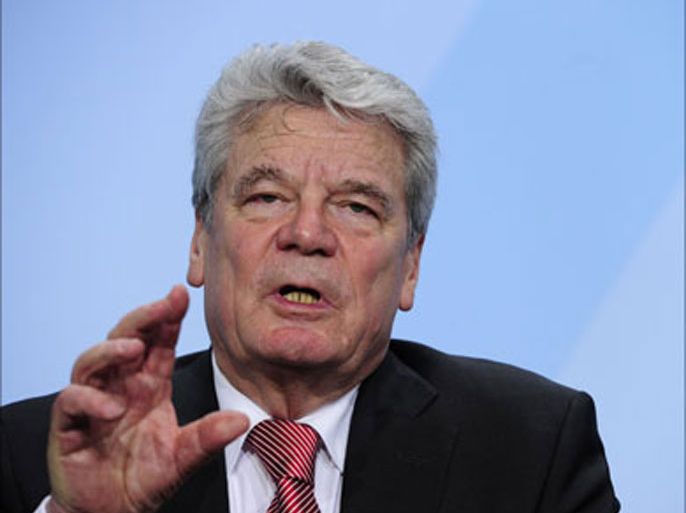 Former East German rights activist Joachim Gauck speaks during a press conference on February 19, 2012 at the Chancellery in Berlin. German chancellor Angela Merkel announced that Gauck will replace resigned Christian Wulff as German president.