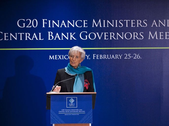: The Managing Director of the International Monetary Fund, Christine Lagarde, speaks during a press conference in the G20 Finance Ministers and Central Bank Governors Meeting in Mexico City on February 26, 2012