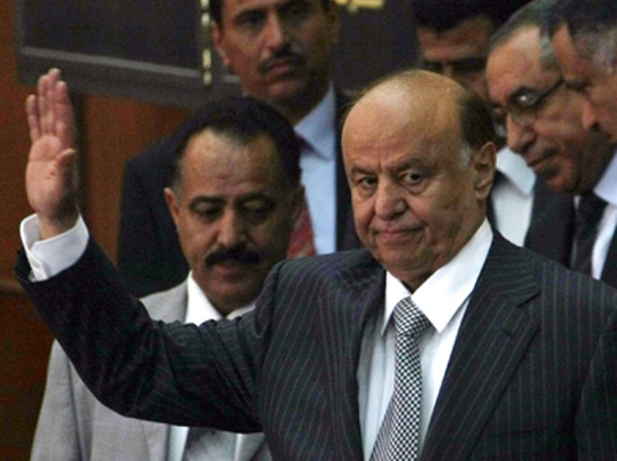 Yemen's President-elect Abdrabuh Mansur Hadi arrives to take the oath of office during the swearing-in ceremony at the parliament in Sanaa on February 25, 2012 ahead of formal handover of power by veteran strongman Ali Abdullah Saleh.