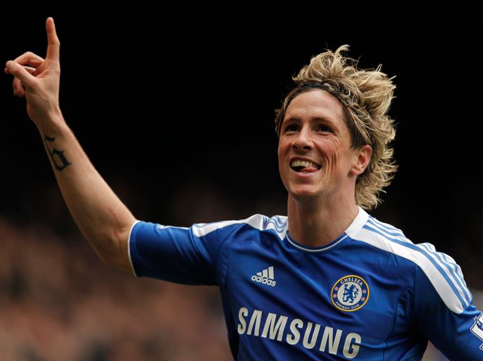 epa03150658 Chelsea's Fernando Torres celebrates after scoring against Leicester City during their English FA Cup soccer match at Stamford Stadium in London, Britain, 18 March 2012. EPA/KERIM OKTEN DataCo terms and conditions apply.