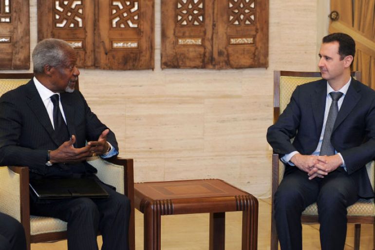 A handout picture released by the official Syrian Arab News Agency (SANA ) shows Syrian President Bashar al-Assad (R) meeting with UN-Arab League envoy Kofi Annan in Damascus on March 10, 2012 during his visit for crux talks with the hopes of the world pinned on his bid to prevent a nearly year-old uprising spiralling into all-out civil war. AFP PHOTO/HO/SANA == RESTRICTED TO EDITORIAL USE - MANDATORY CREDIT "AFP PHOTO / HO / SANA" - NO MARKETING NO ADVERTISING CAMPAIGNS - DISTRIBUTED AS A SERVICE TO CLIENTS ==