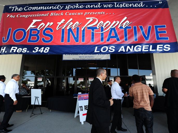 Job seekers arrive at an outdoor job fair at the Crenshaw Christian Center in South Los Angeles in this August 31, 2011 file photo. The US economy generated 227,000 jobs in February, and the overall unemployment rate held at 8.3 percent, the Labor Department said March 9, 2012. The number of unemployed people was also stable at 12.8 million, the Labor Department said. The official jobless rate held steady after falling for five straight months, meeting the expectations of analysts who say the economic growth has slowed in the current quarter after a burst of energy at the end of 2011. AFP PHOTO / ROBYN BECK