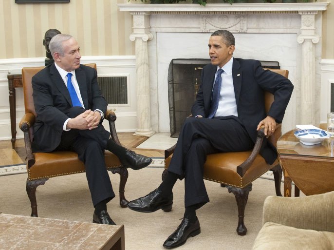 US President Barack Obama and Israeli Prime Minister Benjamin Netanyahu (L) speak during meetings in the Oval Office of the White House in Washington, DC, March 5, 2012. The two leaders go into talks on the Iranian nuclear stand-off, with each publicly seeking to stake out some common ground. AFP PHOTO / Saul LOEB
