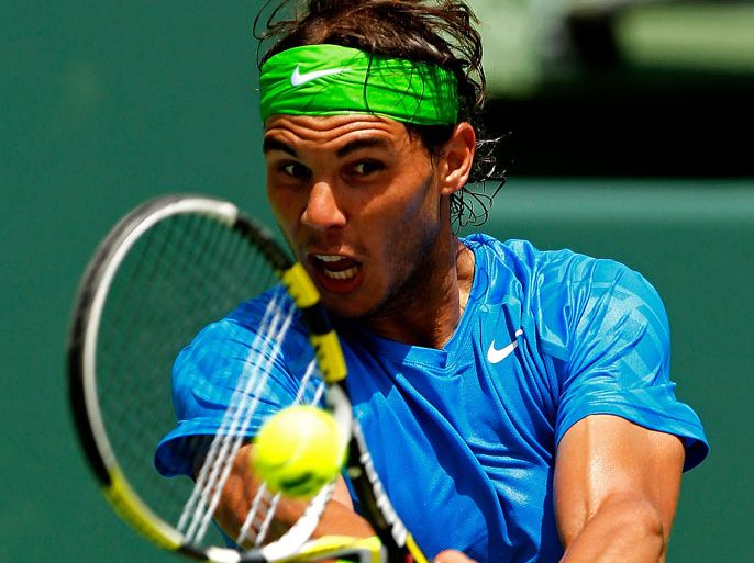 KEY BISCAYNE, FL - MARCH 27: Rafael Nadal of Spain in action against Kei Nishikori of Japan during Day 9 of the Sony Ericsson Open at Crandon Park Tennis Center on March 27, 2012 in Key Biscayne, Florida. Mike Ehrmann/Getty Images/AFP== FOR NEWSPAPERS, INTERNET, TELCOS & TELEVISION USE ONLY ==