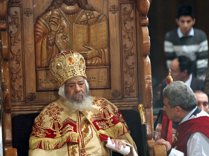 epa03051659 Pope Shenouda III, the head of Egypt's Coptic Orthodox Church, leads the Coptic Christmas mass held at the Abassiya Cathedral in Cairo, Egypt, late 06 January 2012. Egyptian Coptic Christians are marking the first Christmas Eve since popular revolt forced former President Mubarak to step down on 11 February 2011. The occasion was celebrated amid tight security measures with Islamist figures from Muslim Brotherhood reportedly attending for the first time.