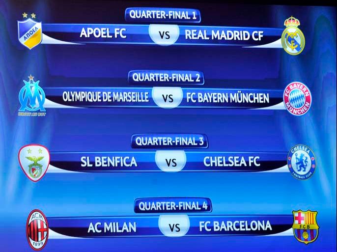 A giant screen displays the draw for the quarter-final and semi-final of the 2011-2012 UEFA Champions League at the UEFA headquarters on March 16, 2012 in Nyon. Spanish giants Barcelona and Real Madrid were kept apart in the draw for