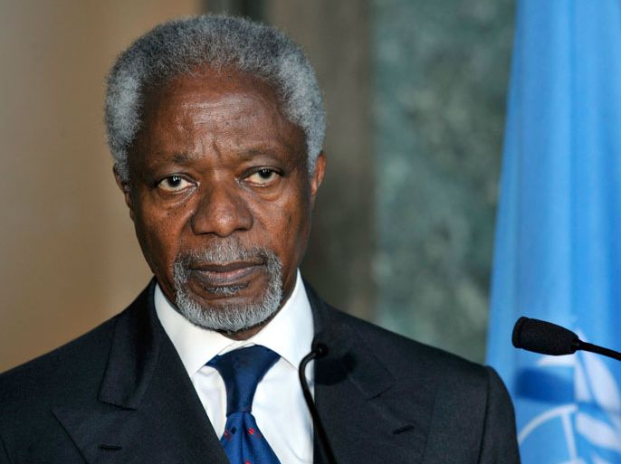 epa03155954 (FILE) A file photograpg showing Kofi Annan, the UN and Arab League's chief peace envoy to Syria, giving a statement after his address to the Security Council in New York by videolink at the United Nations headquarters in Geneva, Switzerland, 16 March 2012. Reports on 23 March 2012 state that Kofi Annan is to travel to Beijing, China, and Moscow, Russia on 24 and 25 March for talks on the current crisis in Syria. EPA/MARTIAL TREZZINI
