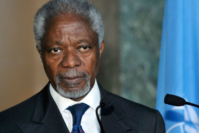 epa03155954 (FILE) A file photograpg showing Kofi Annan, the UN and Arab League's chief peace envoy to Syria, giving a statement after his address to the Security Council in New York by videolink at the United Nations headquarters in Geneva, Switzerland, 16 March 2012. Reports on 23 March 2012 state that Kofi Annan is to travel to Beijing, China, and Moscow, Russia on 24 and 25 March for talks on the current crisis in Syria. EPA/MARTIAL TREZZINI