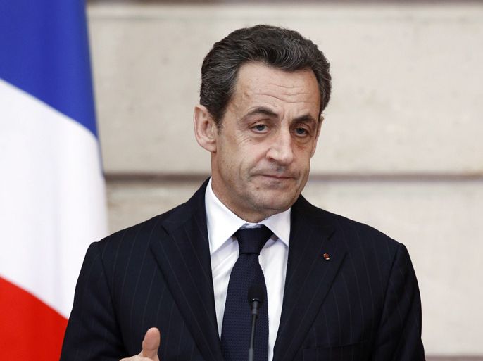 French President Nicolas Sarkozy delivers his speech as he receives representatives of the Armenian community in France, at the Elysee Palace in Paris, on March 7, 2012. AFP PHOTO / POOL / REMY DE LA MAUVINIERE