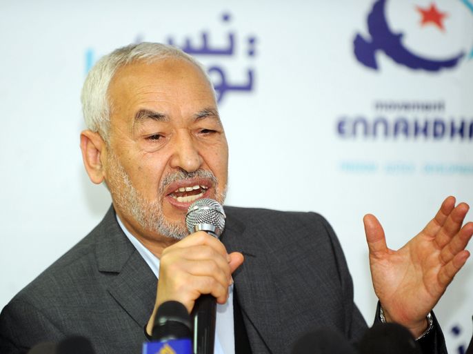 Rached Ghannouchi, the leader of Tunisia's moderate Islamist Ennahda party, speaks with journalists during a press conference on March 26, 2012 in Tunis. AFP