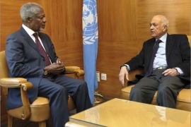 RESTRICTED TO EDITORIAL USE - MANDATORY CREDIT "AFP PHOTO / UN PHOTO" - NO MARKETING NO ADVERTISING CAMPAIGNS - DISTRIBUTED AS A SERVICE TO CLIENTS---This picture released by the information services of the United Nations in Geneva shows UN-Arab League envoy Kofi Annan (L) meeting Arab League chief Nabil al-Arabi on March 20, 2012 at the United Nations offices in Geneva. Annan al-Arabi called on the international community to stand united in the face of the festering Syria crisis, the UN said. At a meeting in Geneva the peace envoy and Arabi "discussed the crisis in Syria and the international efforts to address it", said the United Nations information service's Corinne Momal-Vanian. AFP PHOTO / HANDOUT / UN PHOTO / FABRICE ARLOT