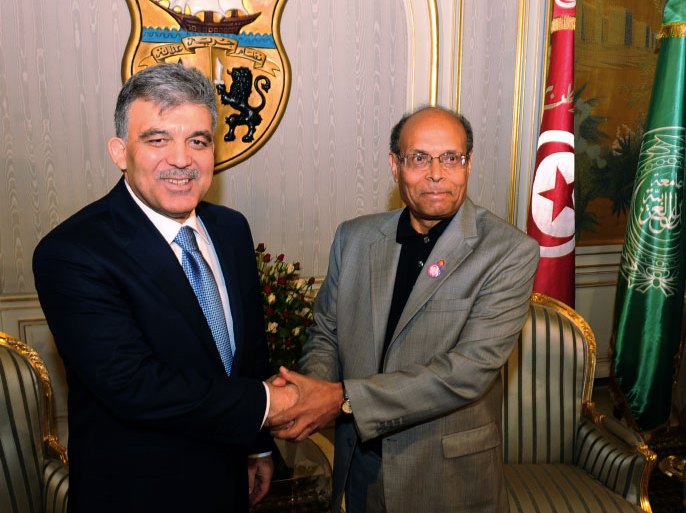 Tunisian President Moncef Marzouki (R) shakes hands with his Turkish counterpart Abdullah Gul on March 8, 2012 at Carthage Palace in Tunis. Gul is on three-day official visit to Tunisia. AFP PHOTO / FETHI BELAID