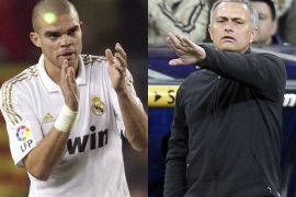 COMBO Real Madrid's coach, Portuguese Jose Mourinho - Real Madrid's Portuguese defender Pepe