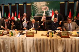 Arab League Secretary General Nabil al-Arabi (C) and Libyan Minister of Economy Ahmad al-Kushali (2nd R) attend an economy, finance and trade affairs meeting in Baghdad on March 27, 2012, ahead of a regional summit. Arab League officials have insisted the March 27-29 talks, a pivotal moment as Iraq bids to re-emerge as a key Middle East player, will cover a wide range of political and economic issues, but Syria