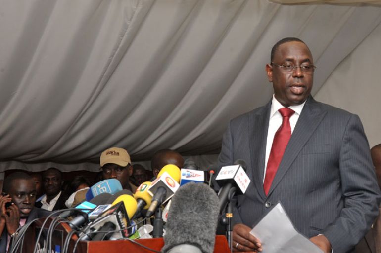 Newly elected Senegalese President Macky Sall at his first victory speech in Dakar on March 25, 2012