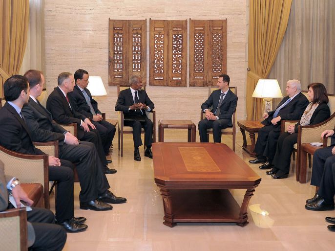 A handout picture released by the official Syrian Arab News Agency (SANA ) shows Syrian President Bashar al-Assad (C-R) and his aides meeting with UN-Arab League envoy Kofi Annan and his delegation in Damascus on March 10, 2012 during the latter's visit for crux talks with the hopes of the world pinned on his bid to prevent a nearly year-old uprising spiralling into all-out civil war. AFP PHOTO/HO/SANA == RESTRICTED TO EDITORIAL USE - MANDATORY CREDIT "AFP PHOTO / HO / SANA" - NO MARKETING NO ADVERTISING CAMPAIGNS - DISTRIBUTED AS A SERVICE TO CLIENTS ==