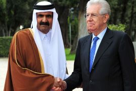 Italian Prime Minister Mario Monti (R) greets Qatari Emir Sheikh Hamad bin Khalifa al-Thani prior their meeting at Villa Pamphili on April 16, 2012 in Rome. The dome of St Peter's basilica is seen in the background. AFP