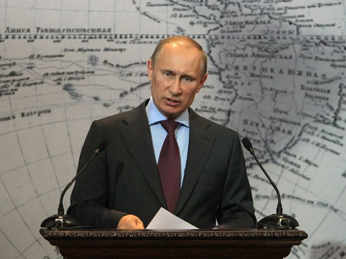 Russian Prime Minister Vladimir Putin speaks during his visit to the Board of Trustees of the Russian Geographical Society in St. Petersburg, Russia, 10 April 2012. EPA/ANATOLY MALTSEV