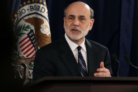 Washington, District of Columbia, UNITED STATES : WASHINGTON, DC - APRIL 25: Federal Reserve Chairman Ben Bernanke speaks during a press briefing at the Federal Reserve building, on April 25, 2012 in Washington, DC. Chairman Bernanke has again said that the Fed's decision making body, the Federal Reserve Open Market Committee, has decided not to raise interest rates at this time. Mark Wilson/Getty Images/AFP== FOR NEWSPAPERS, INTERNET, TELCOS & TELEVISION USE ONLY