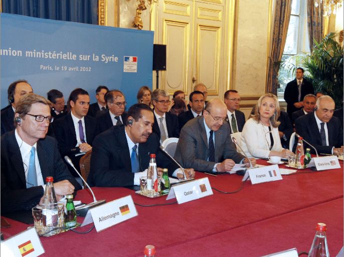 (LtoR, 1st row) Germany's Foreign Minister Guido Westerwelle, Qatar's Prime Minister and Minister of Foreign Affairs Sheikh Hamad bin Jassim al-Thani, France's Foreign Affairs minister Alain Juppe and US Secretary of State Hillary Clinton attend a meeting with Western and Arab foreign ministers at the ministry of Foreign Affairs in Paris, on April 19, 2012, for talks on the Syria crisis, with France warning Russia that its refusal to attend was plunging it deeper into isolation. "I regret that Russia continues to lock itself into a vision that isolates it more and more, not just from the Arab world but also from the international community," Foreign Minister Alain Juppe told journalists. AFP PHOTO / FRANCOIS GUILLOT