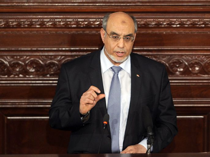 Tunisian Prime Minister Hamadi Jebali speaks during a presentation of his government's program at the Constituent Assembly on April 26, 2012 in Tunis. "Journalists should be reconciled with the revolution," said Hamadi Jebali, who presented the program of his government this morning to the Constituent Assembly. AFP PHOTO/ FETHI BELAID