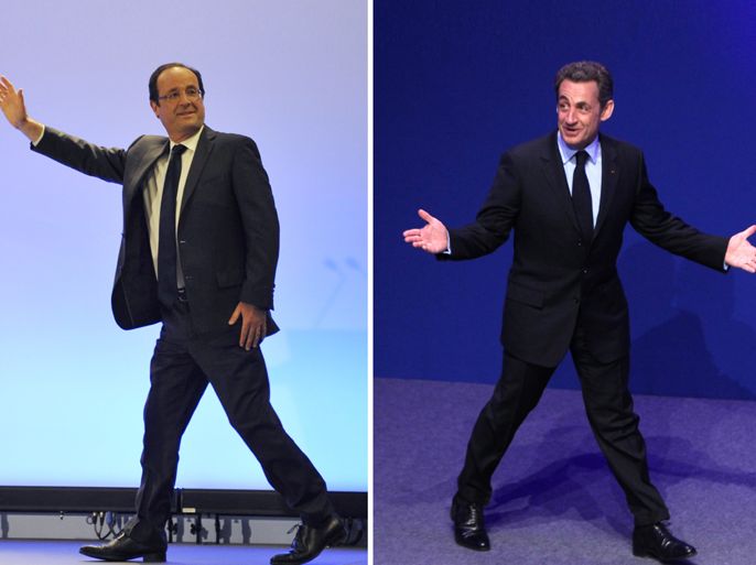A combination made on April 23, 2012 shows two pictures taken on April 22, 2012 of the polls' frontrunners for the French 2012 presidential election, France's socialist party (PS) candidate François Hollande (L) and France's incumbent president and Union for a Popular Movement (UMP) candidate Nicolas Sarkozy (R). Hollande won the first round of the French presidential vote on April 22, 2012, setting himself up for a May 6, 2012 run-off with right-wing incumbent Sarkozy. AFP