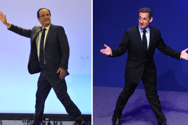 A combination made on April 23, 2012 shows two pictures taken on April 22, 2012 of the polls' frontrunners for the French 2012 presidential election, France's socialist party (PS) candidate François Hollande (L) and France's incumbent president and Union for a Popular Movement (UMP) candidate Nicolas Sarkozy (R). Hollande won the first round of the French presidential vote on April 22, 2012, setting himself up for a May 6, 2012 run-off with right-wing incumbent Sarkozy. AFP