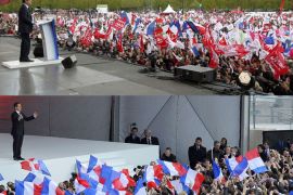 A combination made from two pictures taken on April 15, 2012 shows of Socialist Party (PS) candidate for the 2012 French presidential election Francois Hollande (up) and France's incumbent President and UMP ruling party's candidate for the 2012 presidential election Nicolas Sarkozy (bottom) giving a aspeech during their campaign meeting on April 15, 2012 at the Place de la Concorde in Paris (bottom), and in front of the Chateau de Vincennes, outside Paris (up). A week before the first round of French presidential election France's President Nicolas Sarkozy has called on supporters to gather in Paris's iconic Place de la Concorde while socialist candidate Francois Hollande has summoned his backers to a concert outside the Chateau de Vincennes in working-class eastern Paris. AFP PHOTO / PATRICK KOVARIK / BERTRAND GUAY