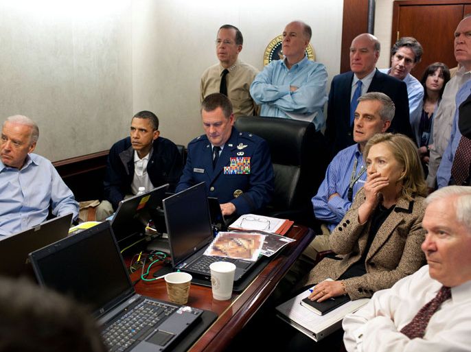 This May 1, 2011 official White House photo shows US President Barack Obama (2nd L), Vice President Joe Biden (L), US Secretray of Defense Robert Gates (R), and US Secretary of State Hillary Clinton (2nd R) with members of the national security team as they receive an update on the mission against Osama bin Laden in the Situation Room of the White House, in Washington, DC.