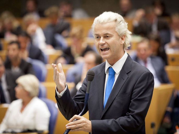 epa02927993 Dutch Freedom Party (PVV) Chairman Geert Wilders during the general debate at the Dutch Parliament in The Hague, The Netherlands on 21 September 2011. Reports state that the debate was held over the economic plans published on 20 September 2011 during Prinsjesdag