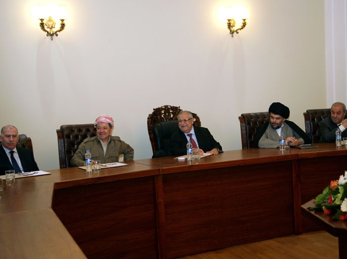 Iraqi leaders (from L to R), Sunni parliament speaker Osama al-Nujaifi, the president of the autonomous Kurdistan region Massud Barzani, President Jalal Talabani, Shiite cleric Moqtada al-Sadr and former premier Iyad Allawi held a meeting in Arbil, the capital of Kurdistan in northern Iraq, on April 28, 2012. Top Iraqi politicians, many of whom feel marginalised by Prime Minister Nuri al-Maliki's style of governing, called on Saturday in Arbil for greater democracy in running the country. AFP