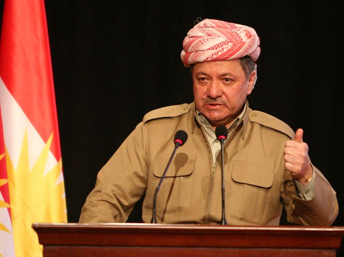 epa Kurdistan Region president Massoud Barzani delivers a speech during the second conference of the Kurdistan Democratic Youth Union to mark the 21st anniversary of Kurdistan Uprising in Erbil, north of Iraq, 15 March 2012 (الأوروبية)