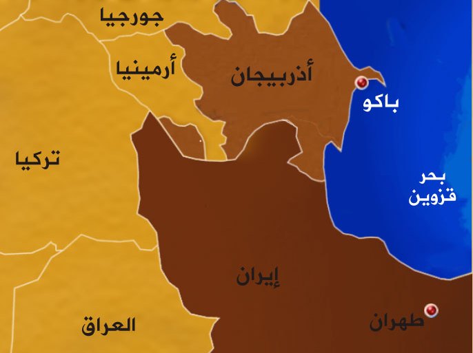 خريطة تظهر فيها الحدود بين أذربيجان وإيران وموقع عواصم البلدين