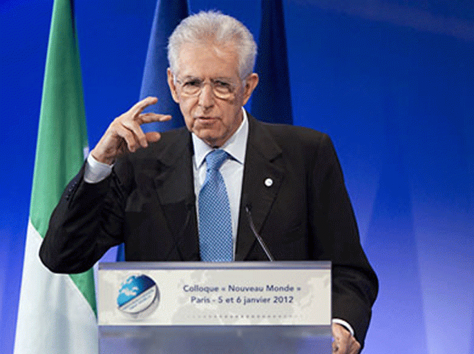 FRANCE NEW WORLD SYMPOSIUM - epa03051417 Italian Prime Minister Mario Monti speaks during the 4th annual 'New World' symposium in Paris, France, 06 January 2012. EPA/IAN LANGSDON