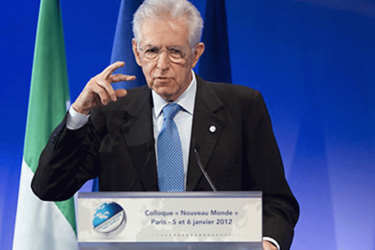 FRANCE NEW WORLD SYMPOSIUM - epa03051417 Italian Prime Minister Mario Monti speaks during the 4th annual 'New World' symposium in Paris, France, 06 January 2012. EPA/IAN LANGSDON