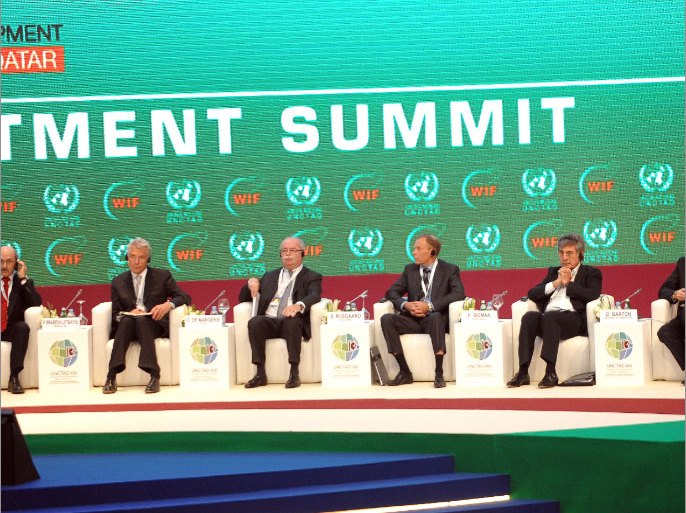 epa03190702 The panel of speakers sit on stage,. during World Investment Forum 2012 at Qatar National Convention Centre Doha-Qatar on 21 April 2012. The World Investment Forum (WIF) is a high-level, biennial, multi-stakeholder gathering that is designed to facilitate dialogue and action on the world's key emerging investment-related challenges. EPA/STRINGER EPA/STRINGER