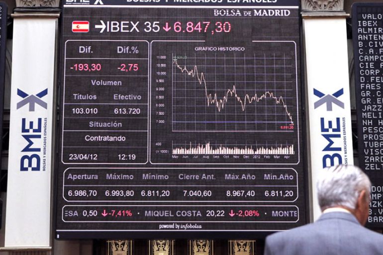 epa03193465 An information board shows the Spanish index IBEX35 at Madrid's stock exchange in Spain, 23 April 2012. The IBEX35 stock index slumped 2.8 percent. EPA/J.J. Guillén
