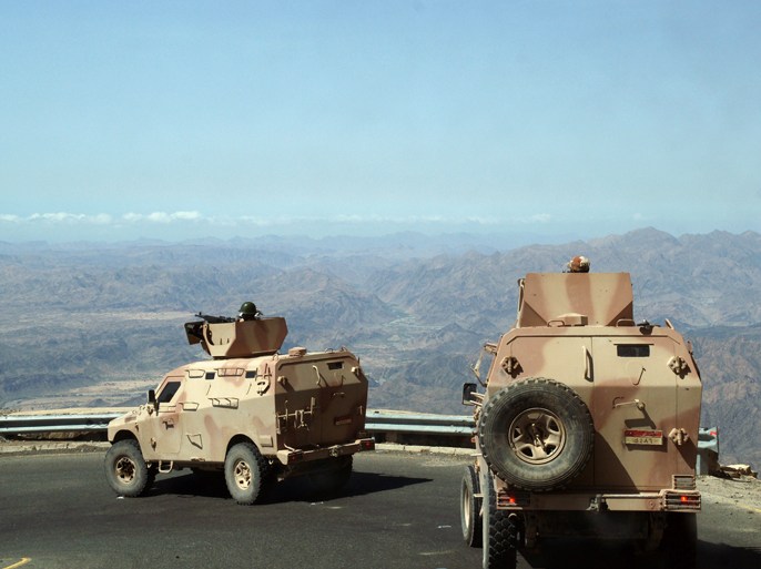 Yemeni army military vehicles drive in a road near the southern town of Loder, in Abiyan province, where they fight against Al-Qaeda militants, on April 30, 2012. Yemeni-based Al-Qaeda in the Arabian Peninsula, fighting under the banner of the Partisans of Sharia (Islamic law), have expanded their control over Yemen's lawless southern and eastern provinces, taking advantage of a weakened central government in Sanaa and months of political upheaval. AFP
