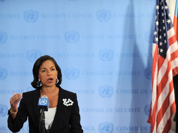 Susan Rice, US Ambassador to the United Nations, speaks to the media outside Security Council chambers April 2, 2012 after a closed-door meeting on Syria at UN headquarters in New York. AFP