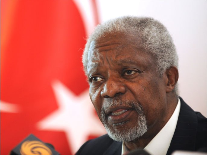UN Arab League envoy Kofi Annan gives a press conference at Antakya Airport after visiting the Yayladagi refugee camp in Antakya on April 10, 2012. Annan's visit comes following an invitation from Turkey's Foreign Minister Ahmet Davutoglu over the weekend after an upsurge in the number of Syrians arriving at the Turkish border in recent days. Annan toured refugee camps in the southeastern provinces of Hatay and Kilis, where shooting from the Syrian side of the border wounded four Syrians and two Turks on Turkish soil, causing panic among the refugees.  AFP PHOTO / BULENT KILIC