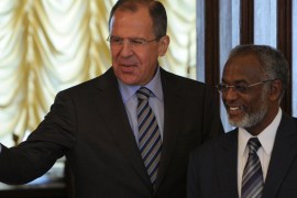 Russian Foreign Minister Sergei Lavrov (L) speaks with his visiting Sudanese counterpart, Ali Ahmed Karti during their meeting in Moscow, on April 30, 2012. AFP