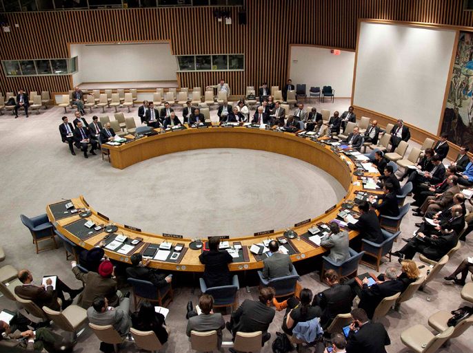 The United Nations Security Council meeting convenes in New York April 14, 2012. The U.N. Security Council on Saturday unanimously authorized the deployment of up to 30 unarmed observers to Syria to monitor the country's fragile ceasefire. Russia and China joined the other 13