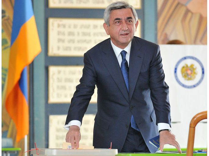 - Yerevan, -, ARMENIA : Armenian president Serzh Sarkisian casts his ballot at a polling station in Yerevan, on May 6, 2012. Armenians voted for a new parliament today in the biggest test of the ex-Soviet state's fragile democratic credentials since disputed presidential elections in 2008 ended in fatal clashes. AFP PHOTO / KAREN MINASYAN
