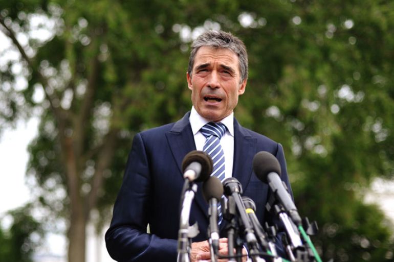 NATO Secretary-General Anders Fogh Rasmussen speaks to the press following an Oval Office meeting with US President Barack Obama on May 9, 2012 at the White House in Washington, DC. The White House has said the United States will push to modernize the North Atlantic Treaty Organization, deepen partnerships and hammer out details of the Afghanistan withdrawal the NATO