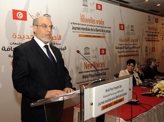 Tunisian Prime minister Hamadi Jebali delivers a speech at a seminar organized by the UNESCO on "new voices, freedom of the press a vector processing companies" as part of the World Press Freedom Day on April 4, 2012 in Tunis. AFP