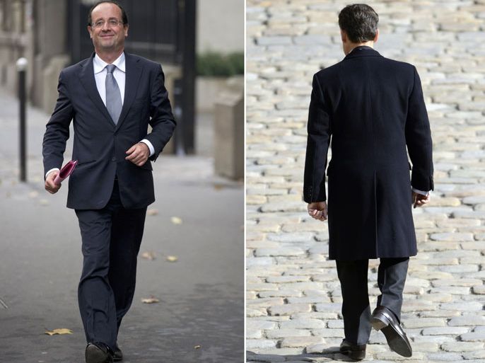 A combination made on May 6, 2012 shows a file picture taken on November 23, 2011 showing France's socialist party (PS) candidate François Hollande (L) and a file picture taken on April 16, 2012 showing France's incumbent president and Union for a Popular Movement (UMP) candidate Nicolas Sarkozy (R). Hollande won the French presidential election on May 6, 2012 with between 52 and 53 percent of the vote, ousting Sarkozy, according to estimates. AFP PHOTO / FRED DUFOUR / ERIC FEFERBERG
