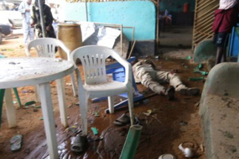 A restaurant is pictured after a suicide bomber blew himself up killing at least six people including two lawmakers in the central Somali town of Dhusamareb on May 1, 2012. In another attack a car bomb exploded on a road between K4 Juction and Mogadishu airport killing two people. The attacks came shortly after the United Nations, African Union and East Africa's main diplomatic body IGAD warned in a rare joint statement that efforts at establishing peace in Somalia were at risk. The three organisations said they were "greatly concerned" at efforts to undermine a "roadmap" signed by Somalia's disparate leaders, the latest effort to bring peace after more than two decades of war. AFP PHOTO/Mohamed Abdiwahab BEST QUALITY AVAILABLE