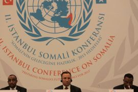 Somalia Prime Minister Abdiweli Muhammed Ali (L), Deputy Prime Minister of Turkey Bekir Bozdag (C), Special Representative for Somalia Augustine P. Mahiga (R) attend during the Istanbul Conference on Somalia in Istanbul on May 31, 2012. Somalia needs a global reconstruction effort to back up ongoing stabilisation efforts and stop the Horn of Africa's 20-year descent into chaos, leaders said at the start of a meeting in Turkey Representatives from 54 countries gathered in Istanbul to find a path towards a better future for a country that was the reason the term "failed state" was coined two decades ago. AFP PHOTO/SAYGIN SERDAROGLU