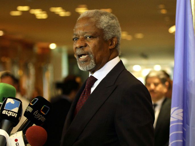 , -, SYRIA : UN-Arab League peace envoy Kofi Annan speaks to the press upon his arrival in Damascus for talks with top officials on May 28, 2012. Annan said he was "shocked" at the weekend's "tragic events" in the central Syrian town of Houla where the Syrian government used artillery in which at least 108 people were killed. AFP PHOTO/LOUAI BESHARA